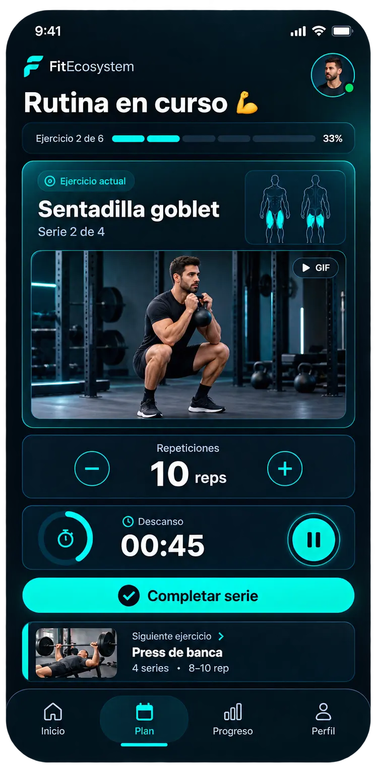 Pantalla de una rutina en curso, con el ejercicio actual, el temporizador de descanso y el botón de completar serie.