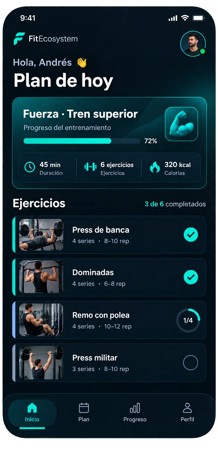 Pantalla del plan del día en la app, con la sesión de fuerza y la lista de ejercicios.