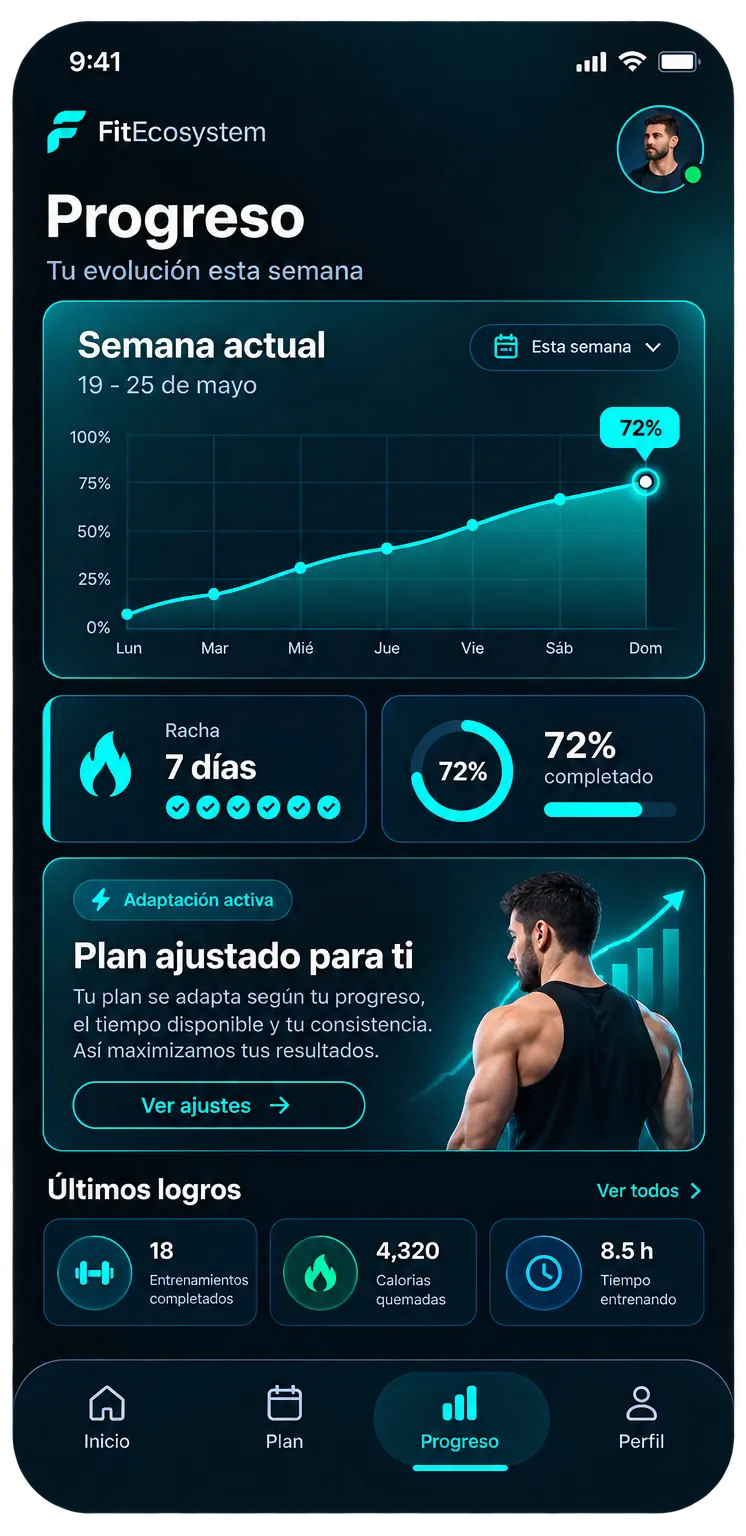 Pantalla de progreso en la app, con la evolución semanal, la racha de días y los últimos logros.