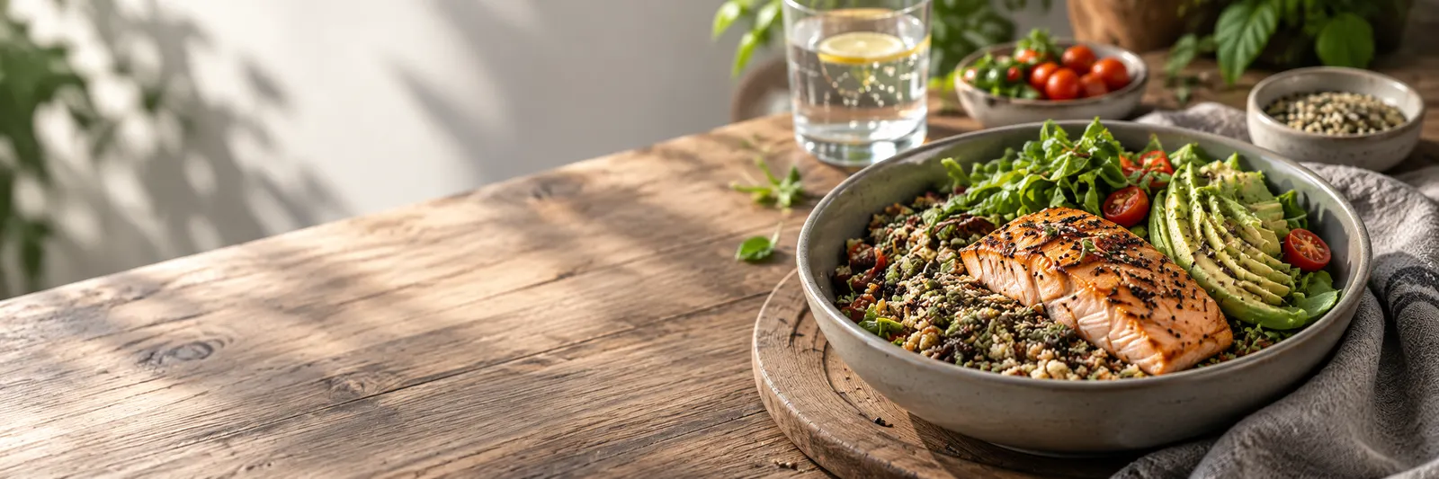 Bowl de salmón con quinoa, aguacate y vegetales frescos