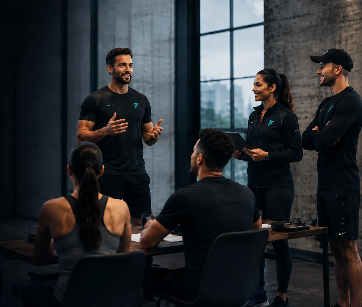 Equipo de entrenadores revisando juntos el plan de entrenamiento de la semana